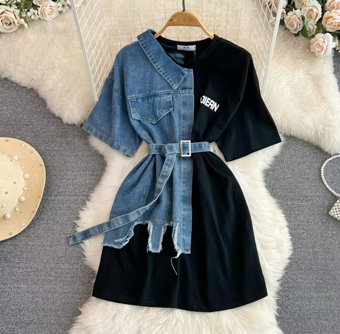 Waist Wrap Belt Round Neck Denim Shirt
