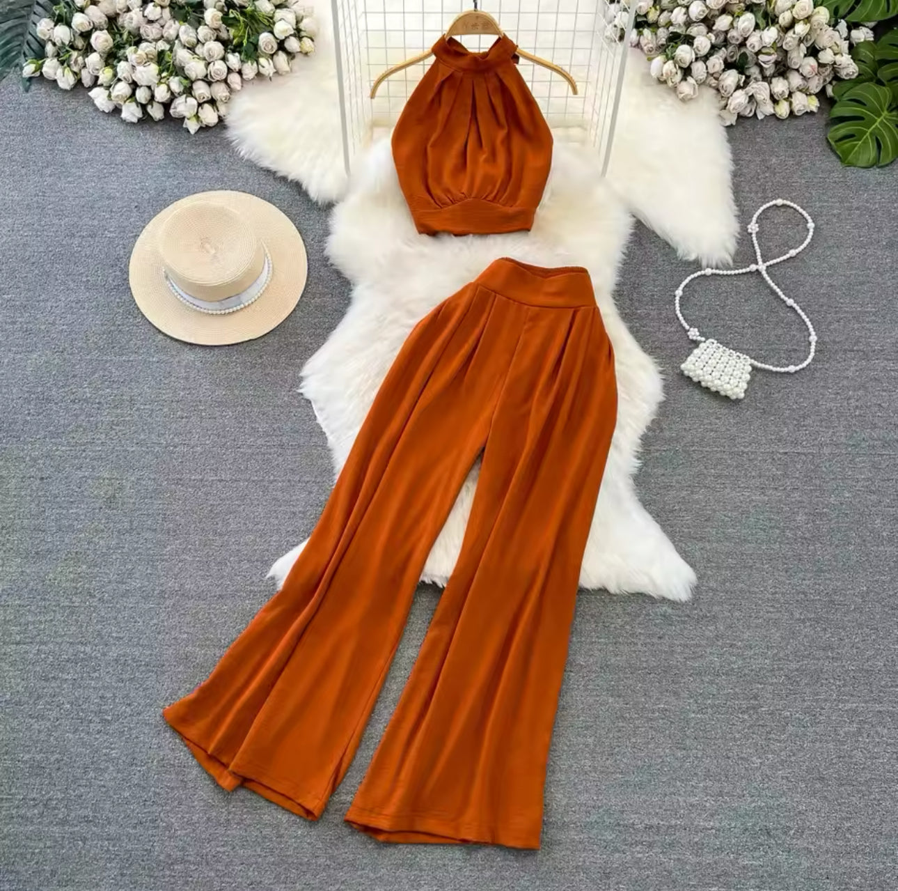 Set Short Tops+High Waist Wide Leg Pants